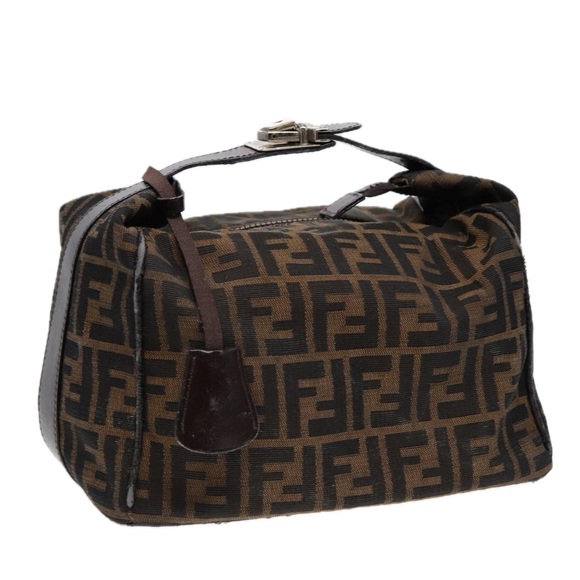 FENDI Handbags - FENDI Zucca Canvas Vanity Pouch Brown Black Silver Auth 87877